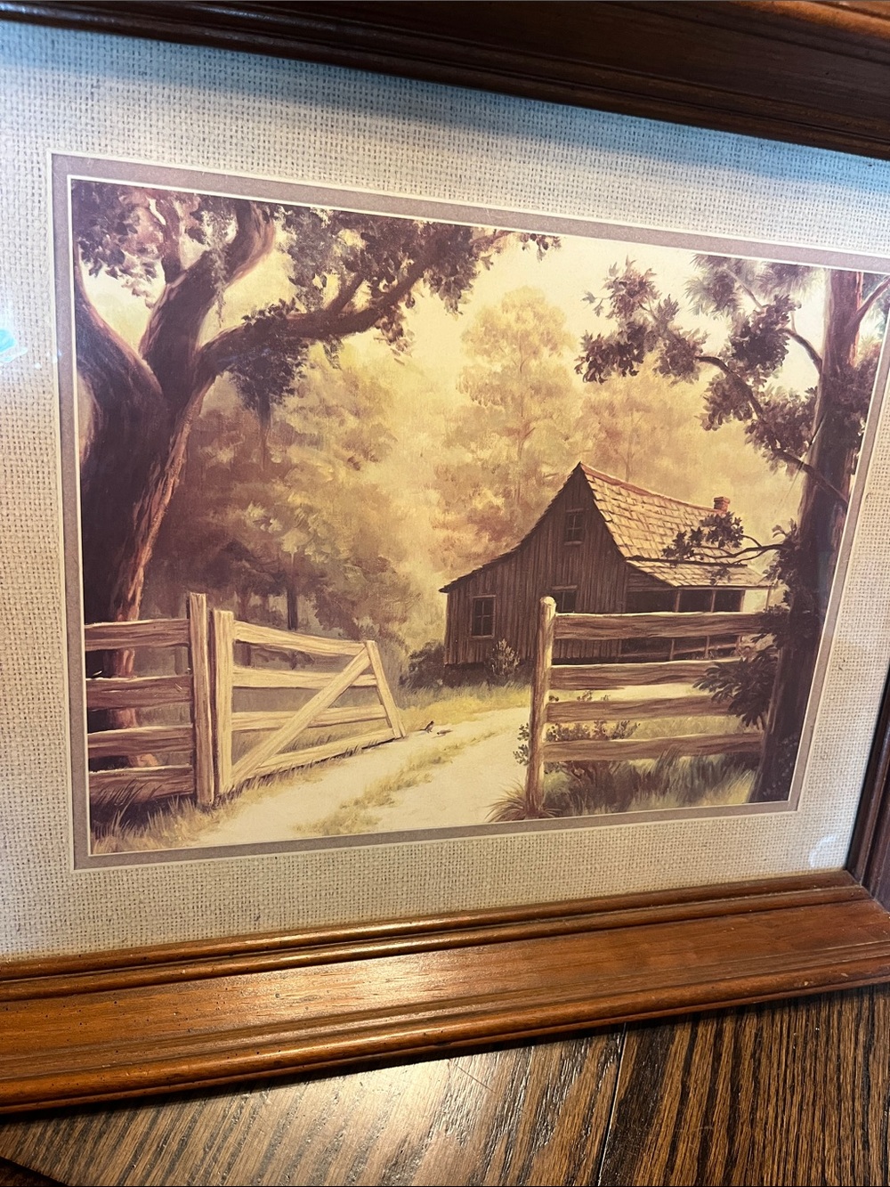 Vintage Rustic Barn Landscape Framed Print in Brown Wood Frame